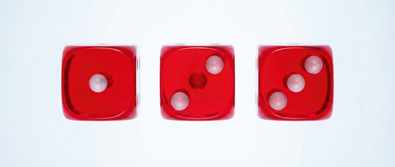 Three translucent red dice arranged in sequence on white