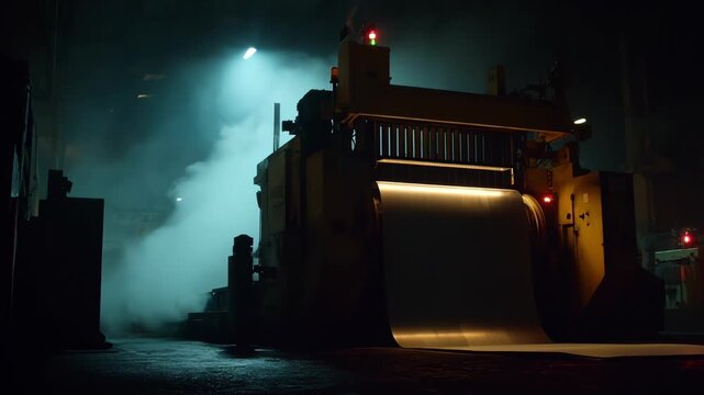 Medium shot of industrial machinery flattening thick zinc sheets highlighting the heavyduty rolling process under factory lighting.