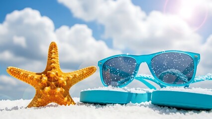 Starfish and blue sunglasses resting on white sand by ocean background
