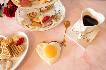 valentines   wedding  anooverary  breakfast  with  heart  shaped food 