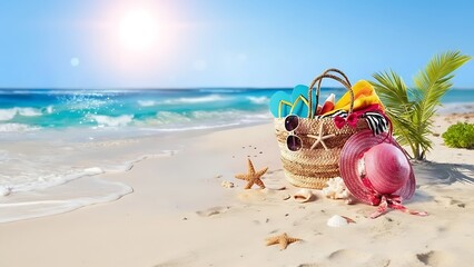 Straw bag with beach accessories on sandy beach by the ocean under sunlight