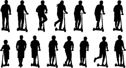 Set of black silhouettes of people riding electric kick scooters in various poses isolated on white background for urban transportation © Natasha Laura 