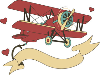 Vintage tattoo vector of a retro biplane with a blank ribbon banner. 1940s Americana aviation art in red, cream and teal for romantic messages, wedding invites, and old school travel designs. © Nika