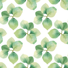 Eucalyptus leaves pattern, watercolor style, delicate and soft textures, hand painted, natural green tones, seamless botanical design, vector
