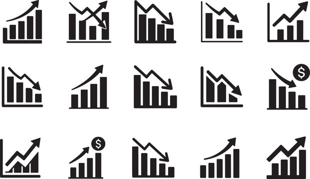 Increase and decrease icon set showing business growth and decline graph symbols, clean vector illustration.