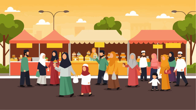 Flat vector illustration depicts Muslims shopping at a Ramadan market during the fasting month, showing daily life, Islamic culture, and the festive atmosphere of Ramadan.
