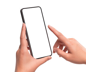 Hand using smartphone mockup with blank transparent screen isolated on transparent background. Mobile phone with empty display for copy space.