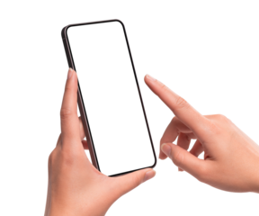 Hand using smartphone mockup with blank transparent screen isolated on transparent background. Mobile phone with empty display for copy space.