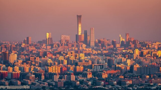 Overlooking Beijing Cityscape Guomao CBD from day to night