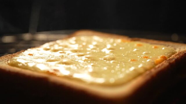 A toasted bread topped with melted cheese is being baked in an oven, viewed from a close-up perspective.