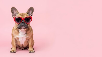 Valentines French Bulldog Puppy Wearing Heart Shaped Sunglasses Copy Space