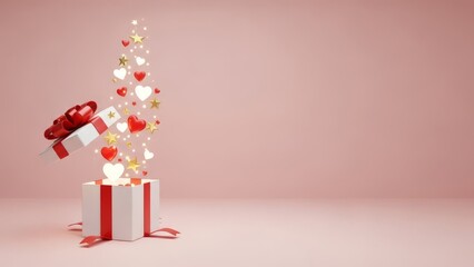 Valentines Gift Box Overflowing with Hearts Stars and Lights copy space