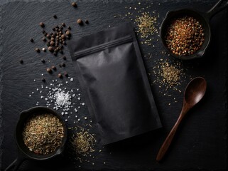 Black spice pouch with dried herbs and peppercorns