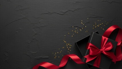 Valentines gift box with red ribbon on black slate copy space