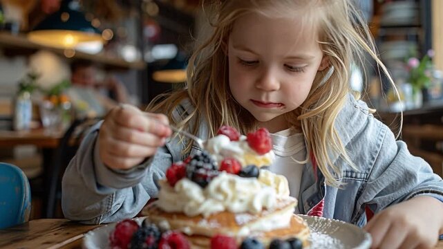A child sits at a cafe table looking at a stack of pancakes topped with berries and whipped cream. She carefully sprinkles more berries on top while smiling