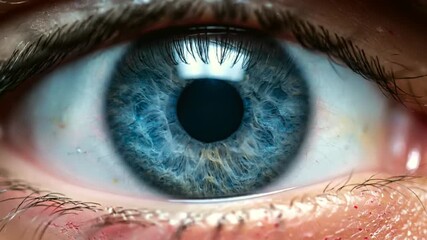 A close-up video of a human eye with a blue iris and detailed eyelashes . use as multipurpose tittle intro, background. product mockup. motion graphics background