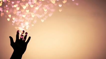 Valentines hand reaching for falling hearts romantic love copy space