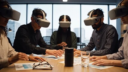 Diverse business team uses VR headsets in an office meeting room, interacting with virtual environments. - Powered by Adobe