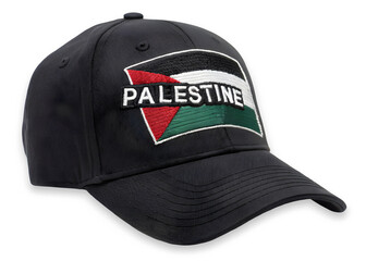Black baseball cap featuring an embroidered palestinian flag and "palestine" text isolated on transparent background