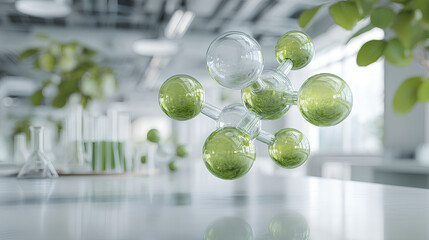 Organic chemistry lab with molecular model of bio based compound floating above glassware and green chemistry tools in clean modern environment  
