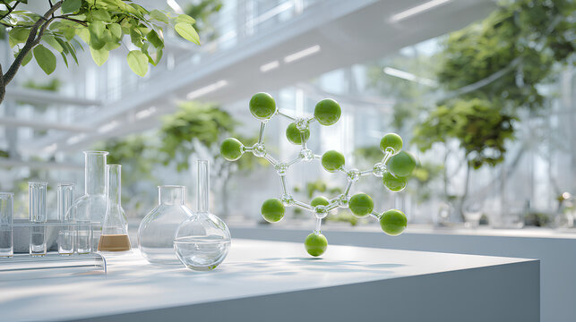 Organic chemistry lab with molecular model of bio based compound floating above glassware and green chemistry tools in clean modern environment
- Powered by Adobe