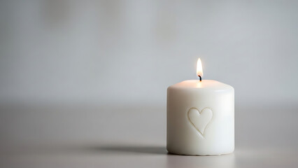 A single white candle with a small flame burning brightly on a plain gray surface