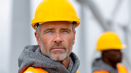 Construction worker stands at job site. Man wears yellow hard hat and safety gear while working at a construction site with another person in the background.