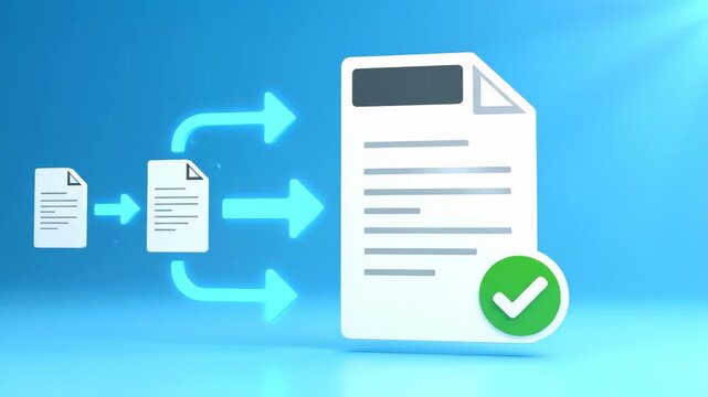 Abstract visualization of a document workflow process with glowing blue arrows leading to a final document with a green checkmark.