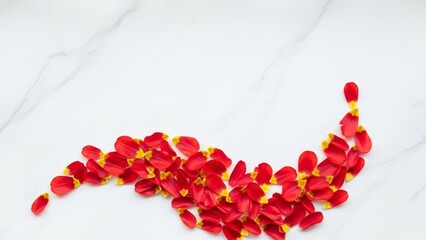 Valentines red rose petals arrangement on marble surface copy space