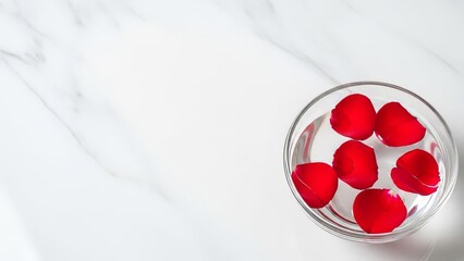 Valentines red rose petals floating in water on white marble with elegant copy space