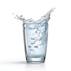 Splashing water in clear glass captured mid-motion on white background