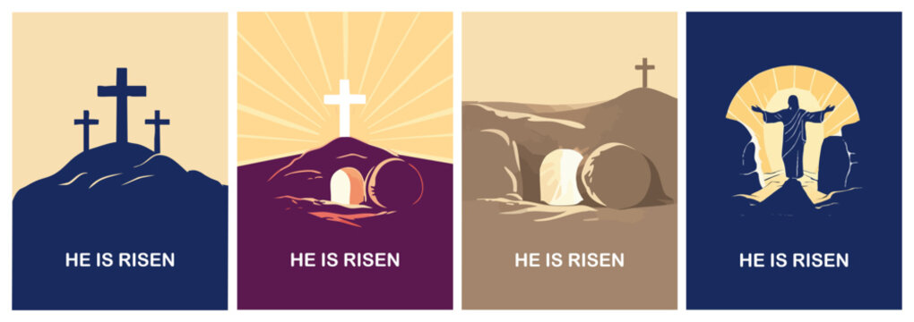The Resurrection of Christ poster set with resurrection symbols: crosses on the hill, empty tomb and risen Jesus. Minimal flat vector illustrations with &ldquo;He Is Risen&rdquo; message for Easter faith designs.