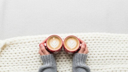 Valentines two red cups of coffee latte art cozy winter morning