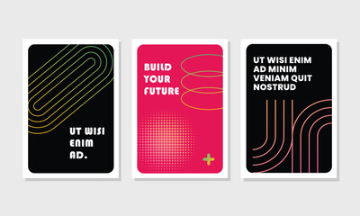 Dynamic abstract geometric poster set featuring vibrant neon gradients, black backgrounds, and bold retro-futuristic line art.