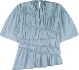 Beautiful light blue blouse with ruffled hem and tie neckline isolated on transparent background