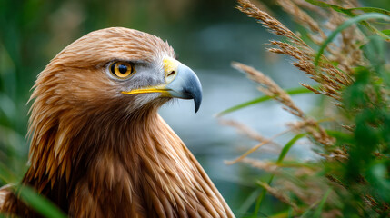 Fototapeta premium Eagle in natural habitat by the water. A golden eagle stands near tall grass by a calm body of water. It gazes around, watching for movement nearby.