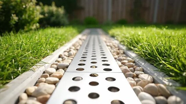 Outdoor drainage channel with perforated metal cover, smooth stones, and vibrant green grass.