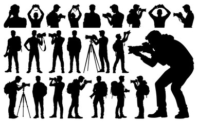 Professional Male Photographer Silhouette Collection in Various Poses with Camera Equipment, Transparent Background