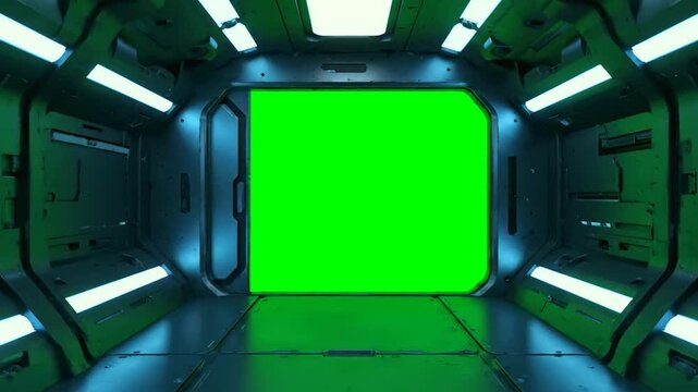 A futuristic video showcasing a sleek and modern corridor with neon green lighting in a sci-fi setting . use as multipurpose tittle intro, background. product mockup. motion graphics background