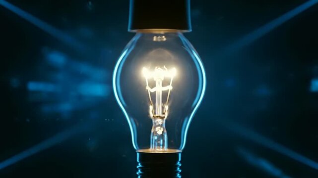 A glowing light bulb shines brightly in a dark room with blue lighting for a creative video . use as multipurpose tittle intro, background. product mockup. motion graphics background