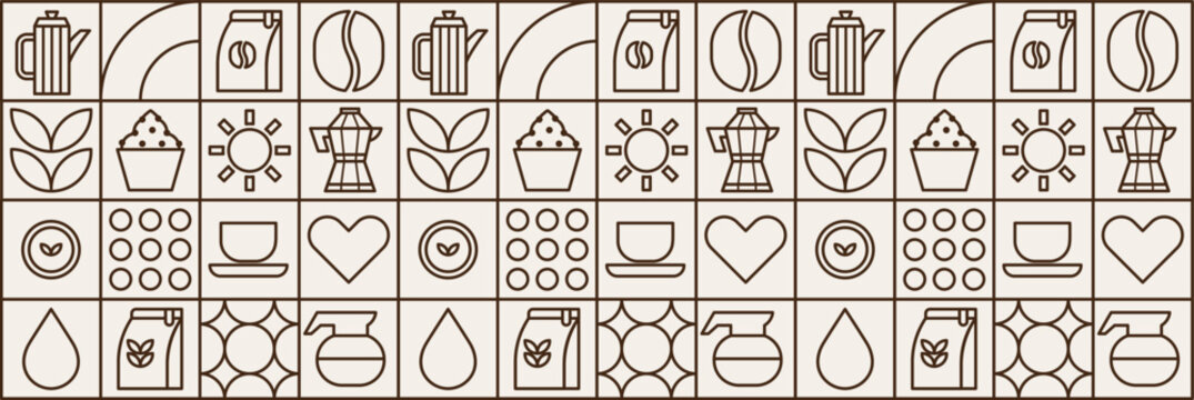 Style coffee outline with geometric bakery mosaic pattern.