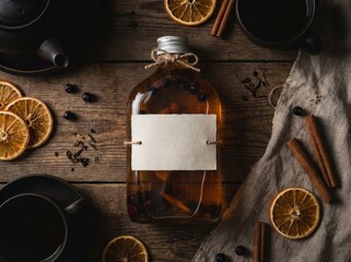 Bottle of herbal drink with orange and cinnamon on wood