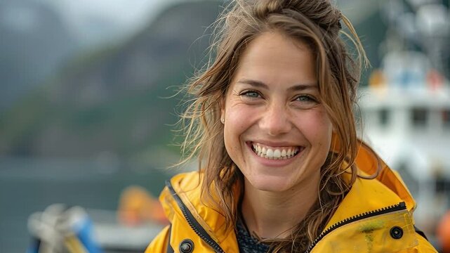 A woman wearing a yellow rain jacket smiles while on a fishing boat. She is near mountains and water, enjoying her time outdoors in daylight. The setting appears vibrant and lively