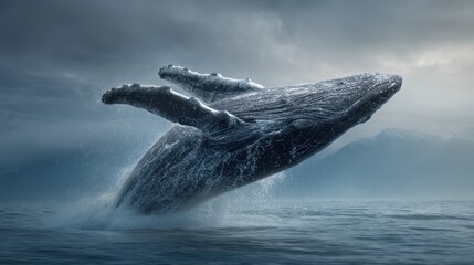 Fototapeta premium Majestic humpback whale breaching ocean waters under stormy sky.