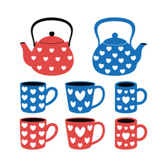 red and blue tea cups and teapots with white hearts, vector illustration