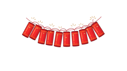 A string of red firecrackers hangs in a celebratory arc, symbolizing good fortune.