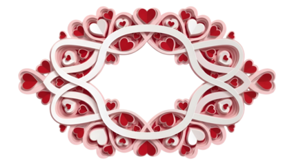 Intricate white interwoven ribbons frame a cascade of red and pink hearts.