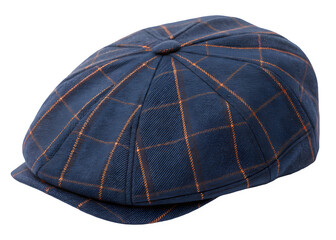 A stylish dark blue newsboy cap with orange plaid pattern, isolated on a background. isolated on transparent background