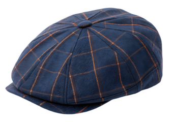 A stylish dark blue newsboy cap with orange plaid pattern, isolated on a background. isolated on transparent background