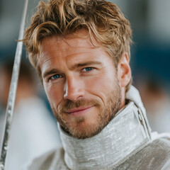 Portrait of fencer in protective gear, confident look, rapier nearby, blurred sports hall background, soft lighting studio.
